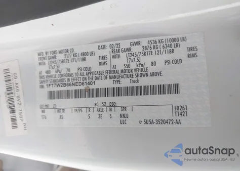 2022 Ford F-250 Xl z USA, uszkodzony, nr VIN 1FT7W2B66NED61401